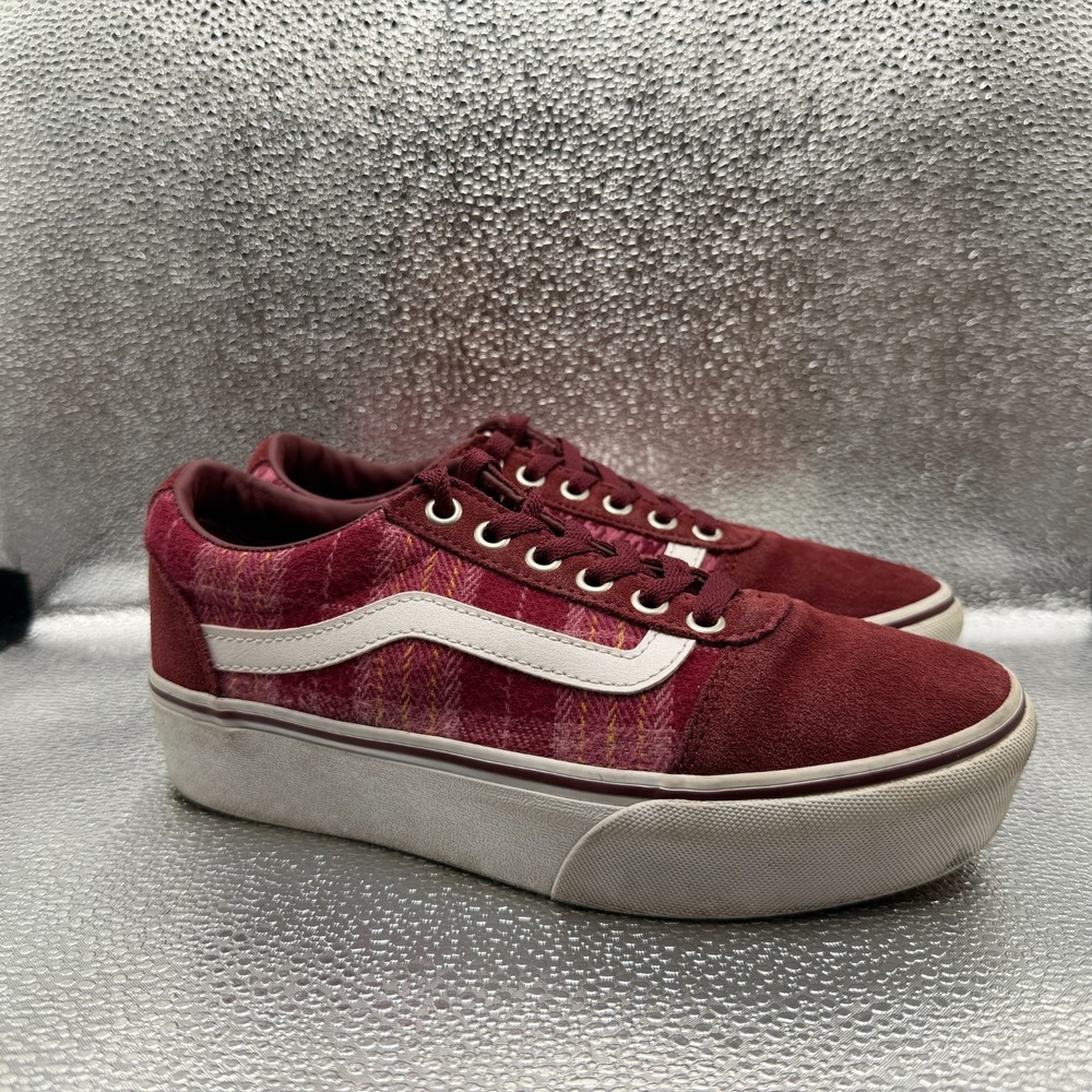 Size 7 Vans Ward Platform Plaid Mix Port Burgundy Suede Womens Sneakers 721356